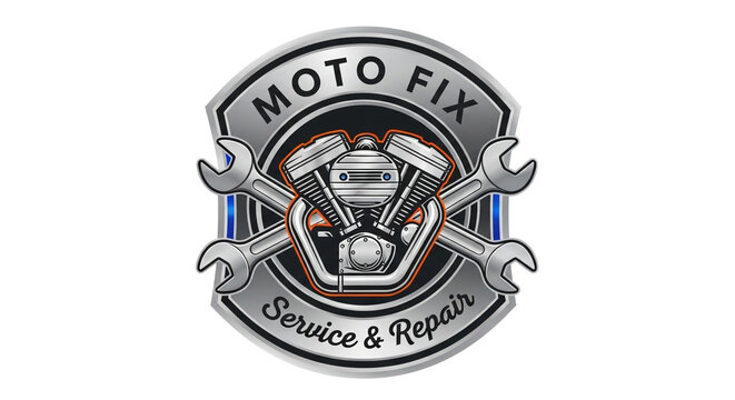 Dynamic motorcycle engine and wrenches logo design for a professional repair service business, exuding power and reliability.