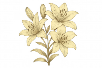Lily flowers drawing creating a botanical illustration in vintage engraving style on transparent background