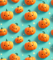Cute kawaii pumpkin characters in a seamless pattern. Cheerful Halloween and autumn holiday background. 3D cartoon illustration for kids