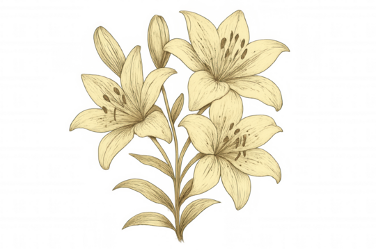 Lily flowers drawing creating a botanical illustration in vintage engraving style on transparent background - Powered by Adobe
