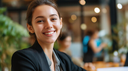 Professional businesswoman smiling in modern workspace crop below eyes background softly defocused corporate portrait business professional workplace confidence office