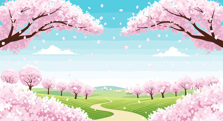 A beautiful spring landscape with cherry blossom trees in full bloom and petals falling gently.