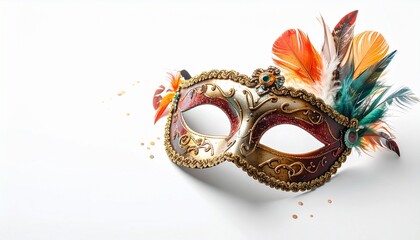 Ornate Masquerade Mask with Gold Base Purple Accents and Colorful Feathers for Editorial Styling and Carnival Celebration Themes