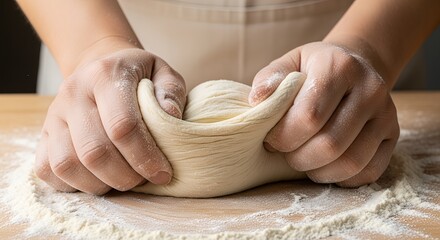 Close-up of hands kneading dough on a floured wooden surface, preparing it for baking homemade bread or pastry.