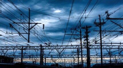 Dramatic sky overhead power lines and electrical grid at dusk