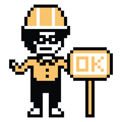 Obraz premium Cartoon pixel 8 bit character engineer man worker industry warehouse fix decoration 8 bit male boy male engineer construction storage safety vector.