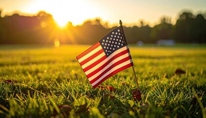 American flag planted in grassy field at sunrise with warm golden light and sun flares creating a patriotic and hopeful atmosphere