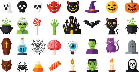 Spooky and fun Halloween icons for festive designs, perfect for party invitations, themed graphics, and seasonal social media content, get creative now!