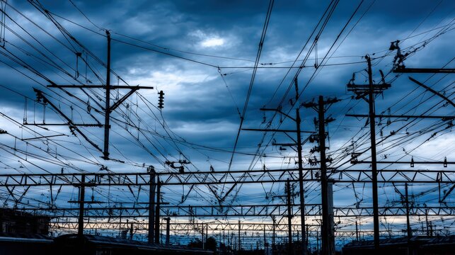 Dramatic sky overhead power lines and electrical grid at dusk - Powered by Adobe