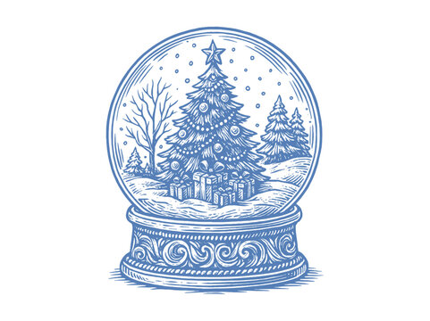 Christmas tree in snow globe vintage sketch vector illustration - Powered by Adobe