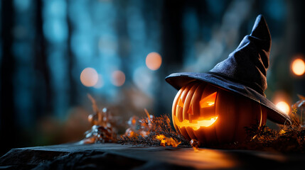 Dark moody halloween background with glowing pumpkin and witch hat spooky atmosphere halloween night eerie decoration mysterious ambiance haunted aesthetic dark celebration