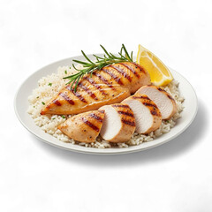 Delicious grilled chicken breast served with grains and fresh rosemary and lemon slice isolated on transparent background