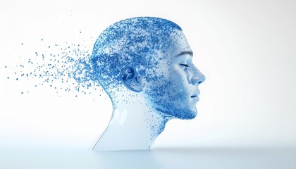 Futuristic 3D render of a transparent glass head dissolving into blue particles, symbolizing digital transformation, AI, technology, and mental clarity. Clean minimalist style.