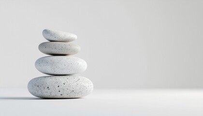 3D render of stacked smooth stones arranged in balance on a clean white background, symbolizing meditation, stability, harmony, and inner peace. Perfect for wellness and spa concepts.