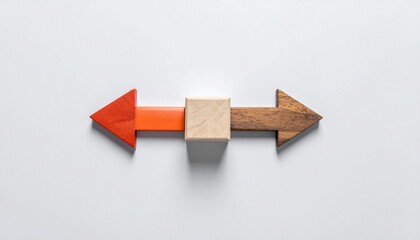 Opposing Wooden Arrows Connected by Central Block for Editorial Styling and Conceptual Decision Themes