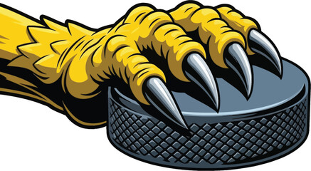 Powerful golden eagle claws fiercely gripping an ice hockey puck, a dynamic sports logo that embodies fierce competition and victory on the rink