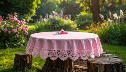 Garden Table with Pink Lace Cloth and Flower Arrangement for Editorial Styling and Outdoor Gathering Themes