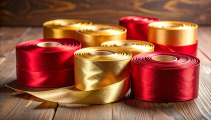 Red and Gold Satin Ribbon Rolls on Wooden Surface for Editorial Styling and Decorative Craft Themes