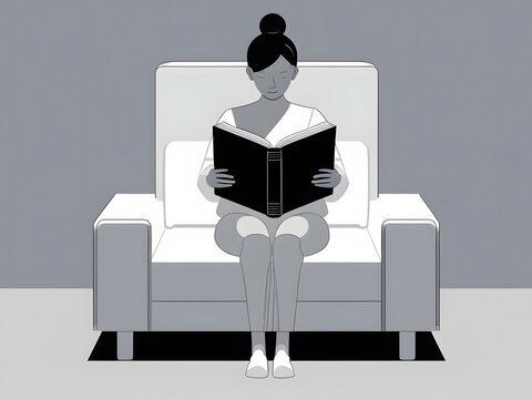 Cozy indoor scene of a woman reading a book on a couch - Powered by Adobe