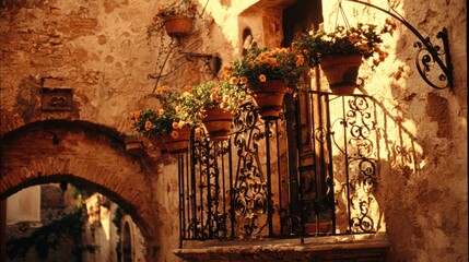 Charming outdoor balcony with flower pots and ironwork in historic setting