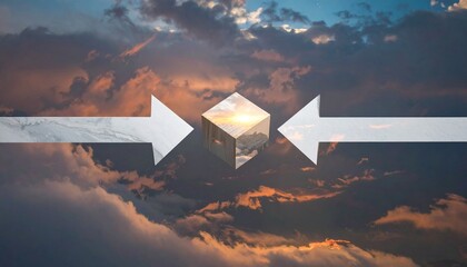 Surreal Sky Cube with Marble Arrows and Sunset Clouds for Editorial Styling and Conceptual Design Themes