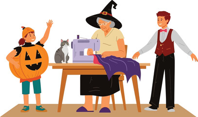 Grandma excitedly sews a charming bat costume for Halloween as a child dressed as a pumpkin cheerfully waves with a cat sitting beside her