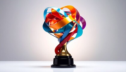 Gold Trophy Cup with Colorful Ribbons on White Background for Editorial Styling and Achievement Themes