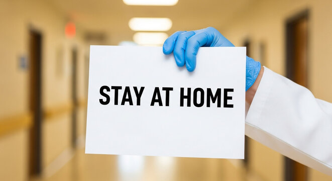 Healthcare professional in gloves holds sign urging public to stay home for safety and well-being during health crisis - Powered by Adobe