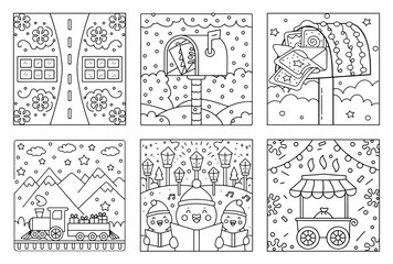 Winter Holiday Line Art Collection: Mailbox Scene, Winter Train with Gifts, Children Singing Carols, Market Stall, Decorated Windows