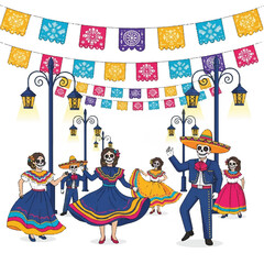 Obraz premium Colorful illustration of skeletons dressed in traditional Mexican attire dancing under papel picado banners and street lamps on a white background with vibrant festive mood.