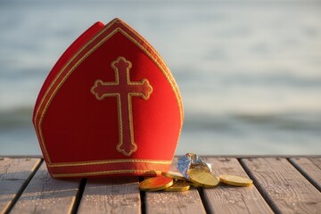 A Saint Nicholas mitre and chocolate coins on a wooden pier. Traditional Dutch Sinterklaas holiday celebration. Outdoor scene by the water with copy space
