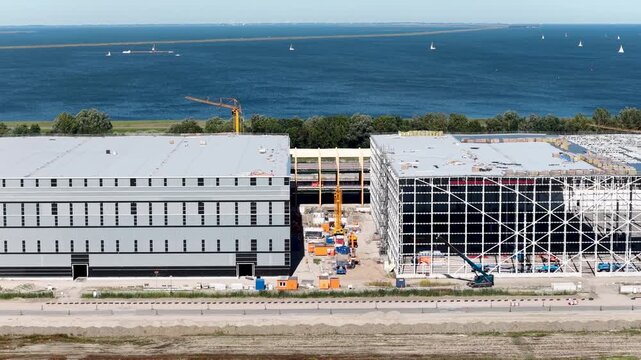 Lelystad, Flevoland, the Netherlands: Flevokust Haven Lelystad industrial estate with new logistics companies
