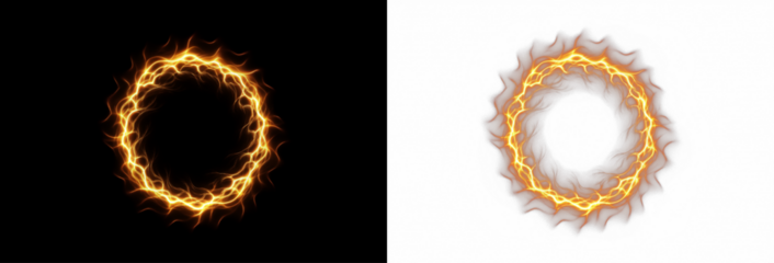 Circular flame effect overlay with vibrant orange and yellow hues on black and white backgrounds, ideal for creative design projects and visual storytelling