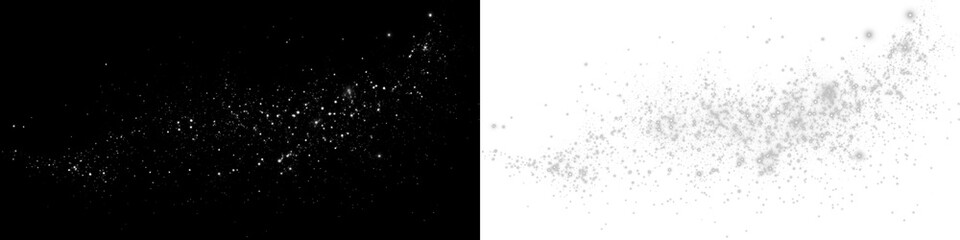 Png overlay featuring sparkling particles on a black background and a white background, ideal for creative design projects and enhancing visual storytelling with dynamic effects