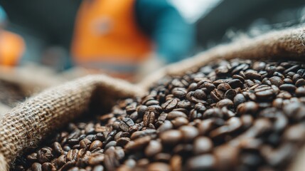 Obraz premium Close-up of roasted coffee beans in burlap sacks, warehouse scene with natural light, coffee import and quality