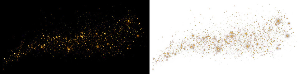 Golden glittering particles overlay on black and white backgrounds, creating a magical effect, ideal for festive designs, invitations, and creative projects with copy space