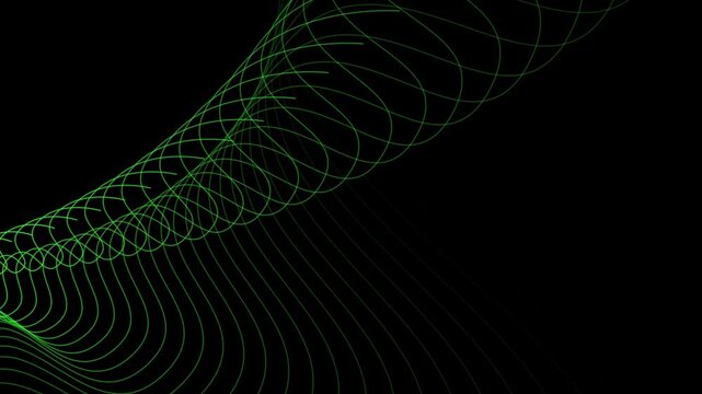 A flowing abstract pattern of parallel green lines on a black background, suggesting data or technology.