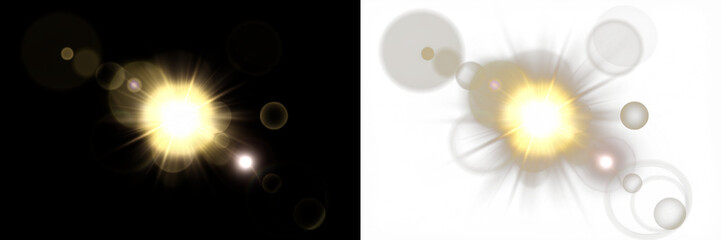Bright light burst overlay with soft glowing orbs on black and white backgrounds, creating a dynamic visual effect for creative projects and design applications