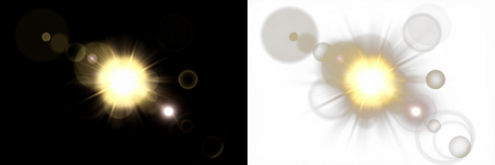 Bright light burst overlay with soft glowing orbs on black and white backgrounds, creating a dynamic visual effect for creative projects and design applications