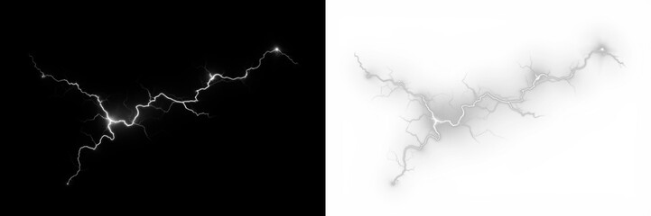 Lightning bolt png overlay with dramatic contrast against black and white backgrounds, ideal for creative design projects and visual storytelling elements