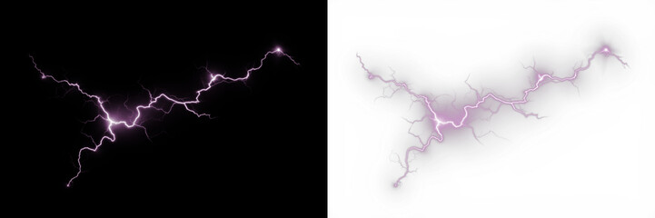 Purple lightning bolt overlay illustration on black and white backgrounds, showcasing dynamic energy and vibrant visual effects for creative design projects and digital artwork