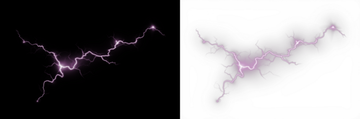 Purple lightning bolt overlay illustration on black and white backgrounds, showcasing dynamic energy and vibrant visual effects for creative design projects and digital artwork