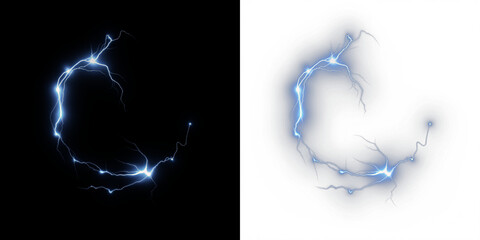 Electric lightning bolt PNG overlay on contrasting backgrounds, showcasing vibrant blue energy arcs, ideal for creative projects and visual effects with copy space