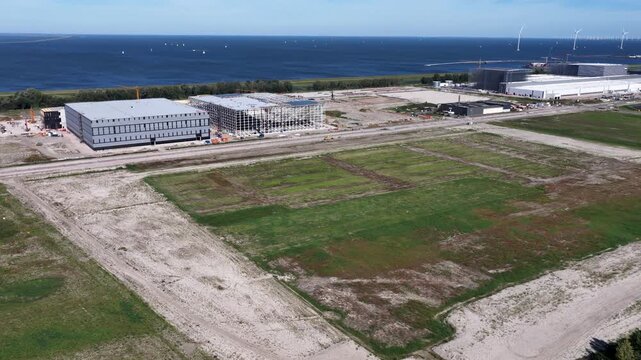 Lelystad, Flevoland, the Netherlands: Flevokust Haven Lelystad industrial estate with new logistics companies
