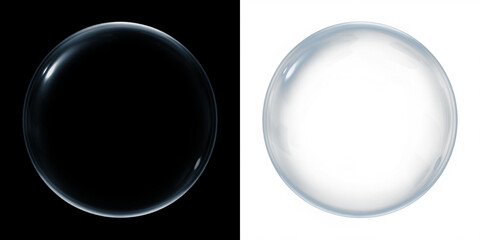 Transparent bubble overlay on black and white backgrounds, showcasing reflections and light distortion, ideal for creative design projects and visual storytelling elements