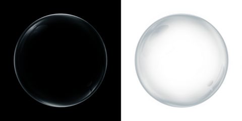 Transparent bubble overlay on black and white backgrounds, showcasing reflections and light effects, ideal for creative design projects and artistic compositions