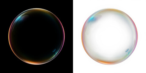 Colorful soap bubble overlay on black and white backgrounds, showcasing vibrant reflections and textures, ideal for creative design projects and artistic compositions