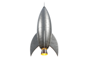 Retro silver rocket ship isolated, vintage space shuttle on transparent background, sci-fi spacecraft for design and creative projects