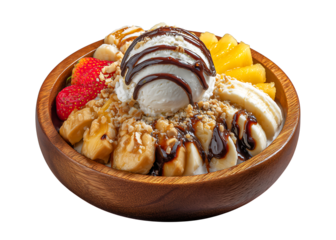 Delicious Ice Cream Bowl with Fresh Fruits, Chocolate, and Nuts isolated on a transparent background