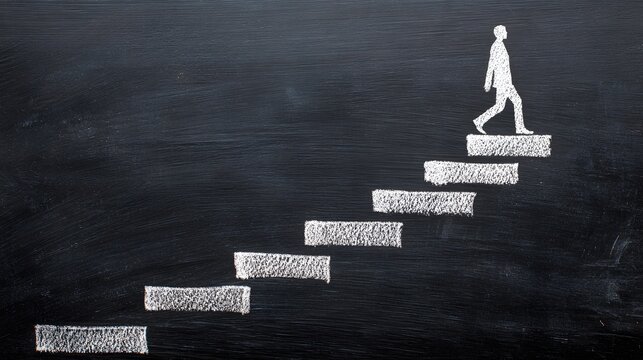 White Chalk Silhouette of a Person Climbing a Staircase on a Black Chalkboard. Concept of Career Growth, Motivation, Business Development, and Step-by-Step Success

